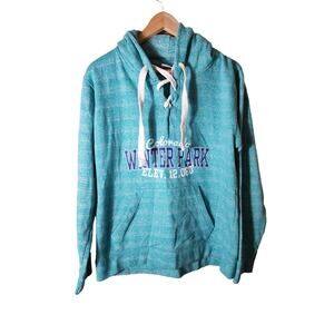 WINTER PARK COLORADO Turquoise Blue Active Thick Tie Pullover Hoodie SZ L
